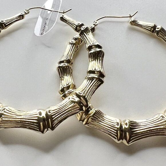 14k Gold Large Hoop Bamboo Earrings - Picture 5 of 12